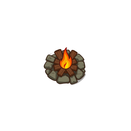 a simple cartoon survival campfire game asset, top-down view, a small campfire made of crossed wooden logs with stones surrounding the fire, warm glowing flame in the center, simple clean stylized 2d game art, cute but suitable for survival colony game, n