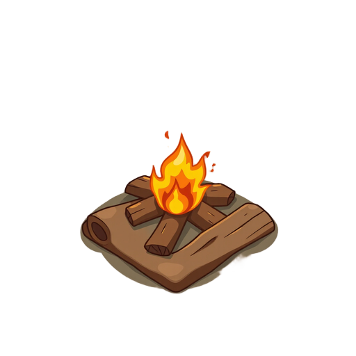 cute cartoon isometric campfire game asset, clean smooth vector art, stylized natural earthy brown wooden logs with warm glowing orange and yellow painted flames, vibrant yet earthy color palette, solid background, top-down oblique isometric view.
