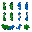 spritesheet pixel art 16:9 de 8 criaturas do folclore brasileiro (saci, curupira, cuca, boitatá, boto, iara, mapinguari, vitória-régia). estilo game boy, paleta de 5 tons azuis com fundo transparente. sprites 32x32 em grade, virados à direita. estilo jogo