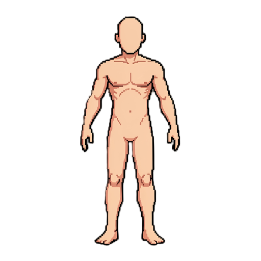 create a clean modular base body for a 2d, 3/4 top-down pixel art cultivation rpg. male, bald, no facial features, neutral a-pose. no armor, no robes, no accessories. separate limbs with clear spacing for skeleton2d rigging. consistent pixel proportions, 