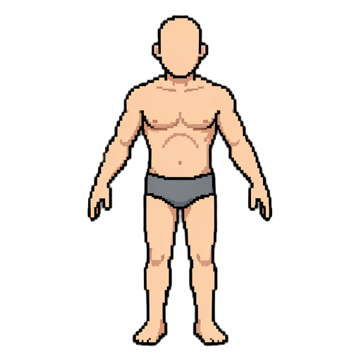 create a clean modular base body for a 2d, 3/4 top-down pixel art cultivation rpg. male, bald, no facial features, neutral a-pose, wearing only simple underwear. no armor, no robes, no accessories. separate limbs with clear spacing for skeleton2d rigging.