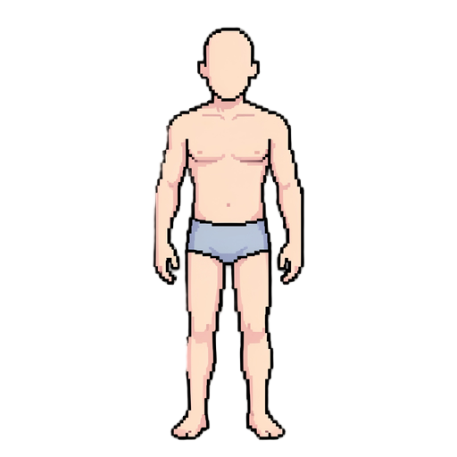 create a clean modular base body for a 2d top-down pixel art cultivation rpg. male adult, bald, no facial features, neutral a-pose, wearing only simple underwear. no armor, no robes, no accessories. separate limbs with clear spacing for skeleton2d rigging