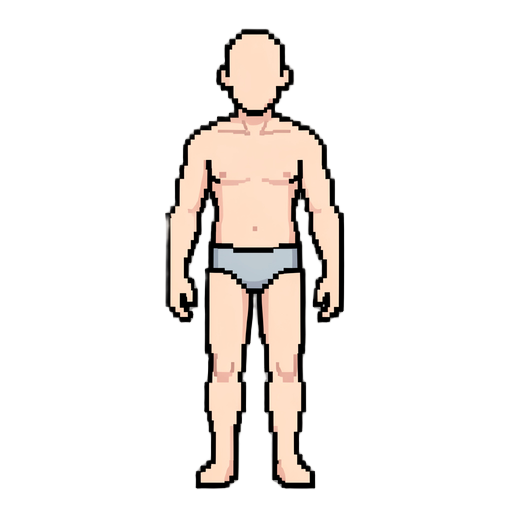 create a clean modular base body for a 2d top-down pixel art cultivation rpg. male adult, bald, no facial features, neutral a-pose, wearing only simple underwear. no armor, no accessories. separate limbs with clear spacing for skeleton2d rigging. consiste