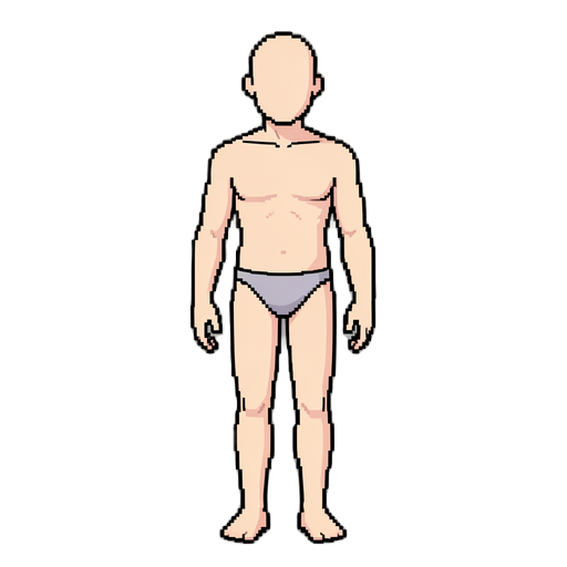 create a clean modular base body for a 2d top-down pixel art cultivation rpg. male adult, bald, no facial features, neutral a-pose, wearing only simple underwear. no armor, no robes, no accessories. separate limbs with clear spacing for skeleton2d rigging