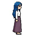 cewek   rambut panjang, warna rambut luar biru, dalam nya biru tua, dia cantik, pakaian nya sopan warna putih kemeja, dan dan rok panjang ( gak tau mo warna apa ), mata kanan nya hitam pekat, mata kirinya indah dengan berisi bintang sebagai iris, sikapnya