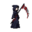 female reaper character design, dark fantasy anime-inspired style, full body. she is a young adult woman who works as a grim reaper, specializing in inflicting bleed, using a massive scythe to cause continuous bleeding damage to enemies. she has a confide