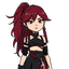 long, voluminous dark-red hair, messy with a few braided strands. she wears a black high-neck crop top, leather straps and wraps, with a long, asymmetrical tattered skirt, layered dark fabrics and blood-red accents. she have a blood scythe, she have badas