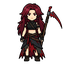 long, voluminous dark-red hair, messy with a few braided strands. she wears a black high-neck crop top, leather straps and wraps, with a long, asymmetrical tattered skirt, layered dark fabrics and blood-red accents. she have a blood scythe, she have badas