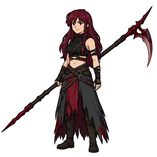 long, voluminous dark-red hair, messy with a few braided strands. she wears a black high-neck crop top, leather straps and wraps, with a long, asymmetrical tattered skirt, layered dark fabrics and blood-red accents. she have a blood scythe