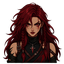 long, voluminous dark-red hair, messy with a few braided strands. she wears a black high-neck crop top, leather straps and wraps, with a long, asymmetrical tattered skirt, layered dark fabrics and blood-red accents. she have a blood scythe, she have badas