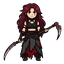 long, voluminous dark-red hair, messy with a few braided strands. she wears a black high-neck crop top, leather straps and wraps, with a long, asymmetrical tattered skirt, layered dark fabrics and blood-red accents. she have a blood scythe, she have badas