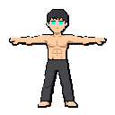 thai cyber-warrior, but completely unequipped like a beginner: no helmet, no armor, no shoulder pads, no metal ornaments, no glowing gems or neon armor accents. short dark hair or simple head, glowing cyan eyes only, bare muscular torso with defined abs, 