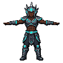 thai cyber-warrior, dark skin, bare muscular chest, ornate spiky metal helmet with glowing cyan core gem, futuristic thai-inspired armor with cyan neon highlights, dark pants with glowing belt