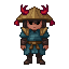 top-down 2d rpg character sprite sheet, 8 directions of movement (up, down, left, right, diagonals), pixel art, 64x64 pixel resolution. a stylized samurai warrior, faceless character wearing a large wide-brimmed straw hat with two red curved horns and red