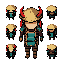 top-down 2d rpg character sprite sheet, 8 directions of movement (up, down, left, right, diagonals), pixel art, 64x64 pixel resolution. a stylized samurai warrior, faceless character wearing a large wide-brimmed straw hat with two red curved horns and red