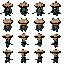 top-down 2d rpg character sprite sheet, 8 directions of movement (up, down, left, right, diagonals), pixel art, 64x64 pixel resolution. a stylized samurai warrior, faceless character wearing a large wide-brimmed straw hat with two red curved horns and red