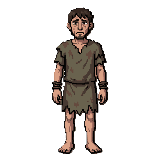 medieval man, idle pose, wearing torn dirty rags, barefoot, thin and exhausted appearance, ropes tied around the wrists, sad expression, dark medieval fantasy style, full body, neutral stance.