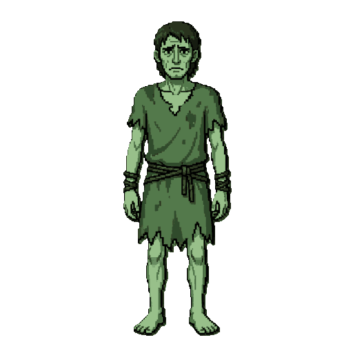 medieval man, idle pose, wearing torn dirty rags, barefoot, thin and exhausted appearance, ropes tied around the wrists, sad expression, dark medieval fantasy style, full body, neutral stance.