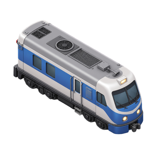 a single cute flat vector game asset: a rounded cartoon passenger locomotive (metro commuter train engine) seen from directly above at a fixed 3/4 angle — the nose of the train points toward the top-right of the image, showing the roof, the long right sid