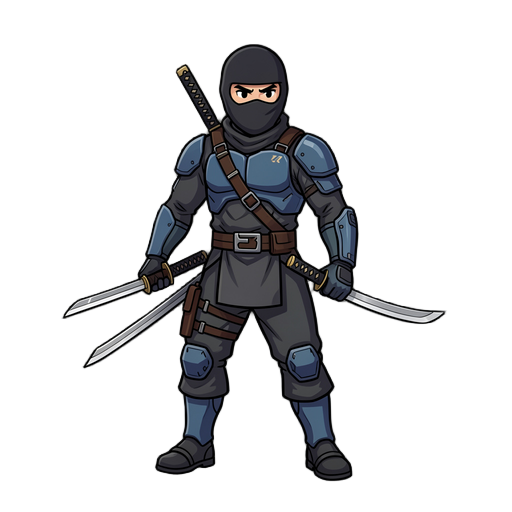 crie um ninja furtivo com uma katana e duas facas e que ele seja um puco futuristico so que nao tanto quero que ele tenha mas roupas de pano