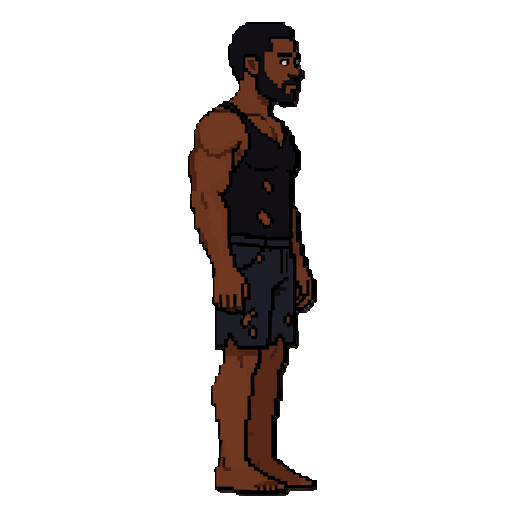 um homem negro forte fisicamente com as roupas pretas e muito rasgadas uma regata e uma bermuda e descalço