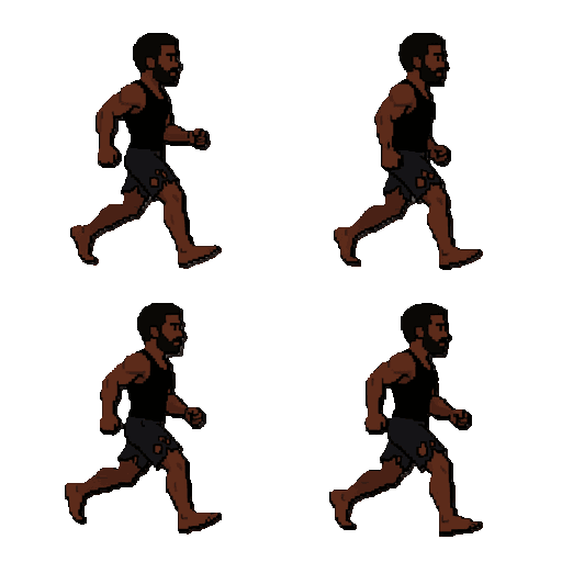 um homem negro forte fisicamente com as roupas pretas e muito rasgadas uma regata e uma bermuda e descalço, faça uma animação dele com 4 sprites correndo