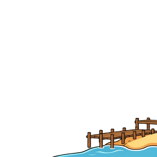 there is a wooden pier and a stretch of coastline in the bottom right corner.