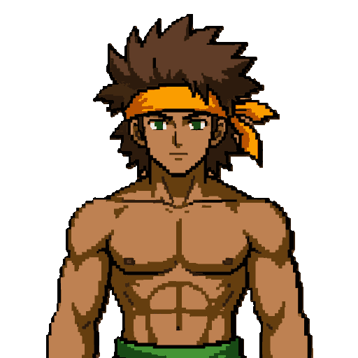 full body character design, anime/manga shonen art style, front-facing standing pose. young muscular man with tan/dark skin and a lean, defined athletic torso (visible abs and shoulder muscles). wild spiky brown hair, medium-long length, swept upward and 
