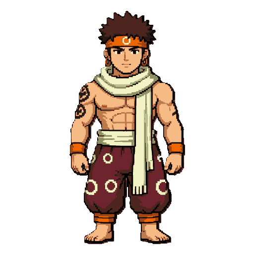 anime character sheet, muscular tan-skinned young man, spiky brown hair, orange headband with white circle emblem, red hoop earrings, black arm tattoo, long cream scarf draped around neck, wide cream waist sash, baggy maroon harem pants with white ring pa