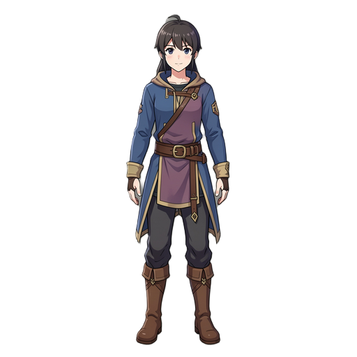 detailed 2d anime rpg character, full body, idle, facing forward, top-down/quasi-isometric, compact proportions, polished mmorpg style, strong shading, clear silhouette, transparent background.