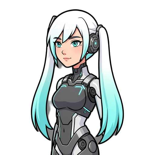 a cyberpunk android girl, teenage appearance, slim and graceful silhouette, youthful face, long low twin tails draped over the front of her shoulders, white hair with a soft cyan-blue gradient at the tips, mechanical ear-like side parts integrated into th