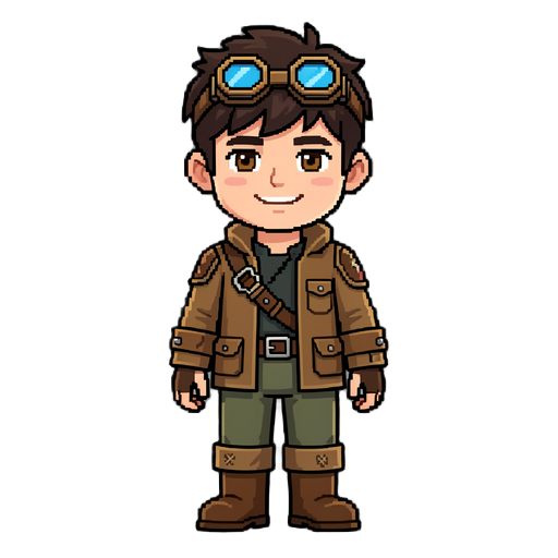 front-facing pixel art steampunk engineer character sprite, 32x48 game style, full body, standing idle, symmetrical pose. young male with short messy dark brown hair, warm brown eyes, confident friendly smile. bronze and steel welding goggles with blue le