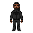 pixel art character, front-facing idle pose, grid aligned. a male programmer named jeison with dark skin, medium black hair tied back in a neat ponytail, and a medium pyramid-shaped black beard. he is wearing simple black-rimmed glasses. wearing a full bl