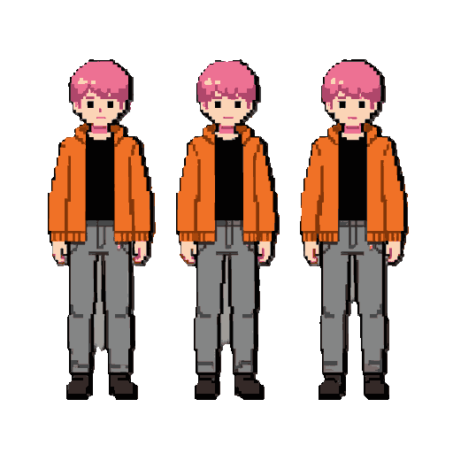 pixel art sprite sheet, 16-bit rpg style top-down character. a boy with short pink hair, wearing an open orange jacket over a black shirt, grey pants, and dark boots. the sheet features a 4-frame walk cycle animation sequence in a single row: standing, st