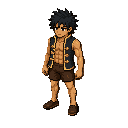 front-facing young male rpg character, lean athletic build, tan skin, messy spiky black hair. open dark navy sleeveless vest with gold trim and 5 gold clasps, bare chest, short brown shorts, dark brown low shoes. no belt, armor or boots. detailed retro pi