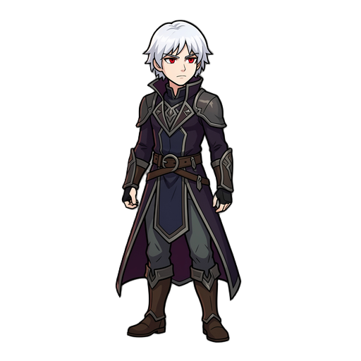 original 2d side-scrolling action-adventure game protagonist for paradoxus.  young male protagonist with pale skin, medium-length pure white hair and striking crimson-red eyes. mysterious and serious expression. slim athletic silhouette. distinctive dark 
