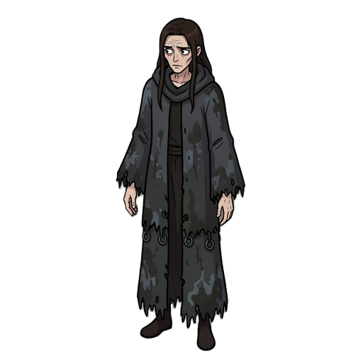 a gaunt young woman, the physically frailest fighter in this world — low health, slow on her feet, and she looks it. layered dark robes of heavy water-stained wool hanging off a thin frame, hems ragged and weighted with small iron rings. no armour anywher