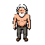 create a front-facing pixel art sprite of an old man standing in a neutral pose, centered in the image. he should be shirtless, with his chest and shoulders visible, and have a slim, slightly aged body without exaggerated muscles. he has medium-length whi