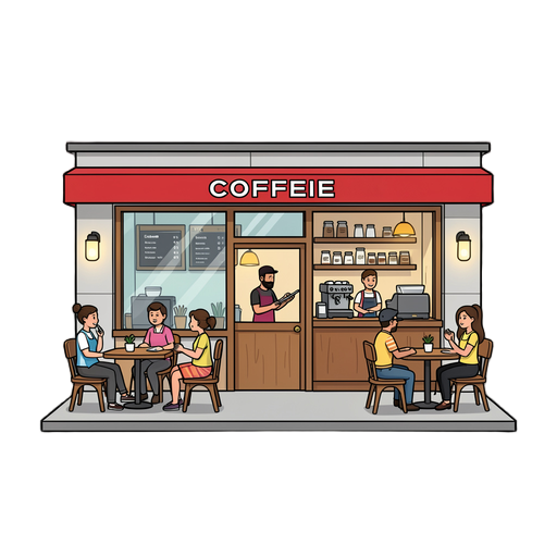 create a modern coffee shop with persons sitting at chairs and employees