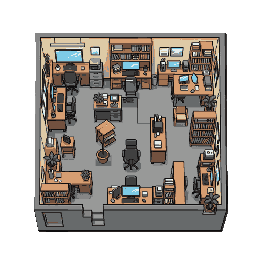 create an entire technnologie office with a lot of furniture, a great office. this office is one tchnologie sartup of silicon valley