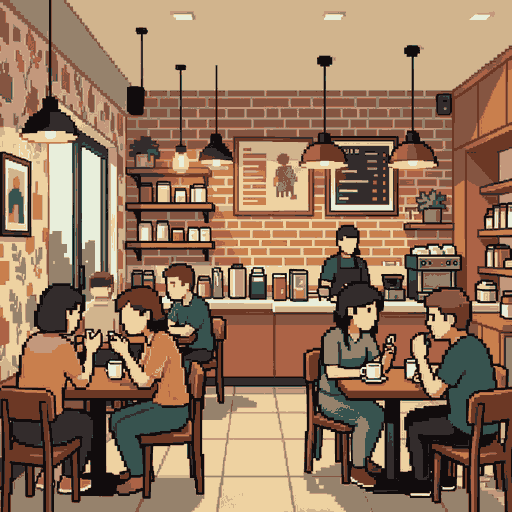 create a modern coffee shop with persons sitting at chairs and employees