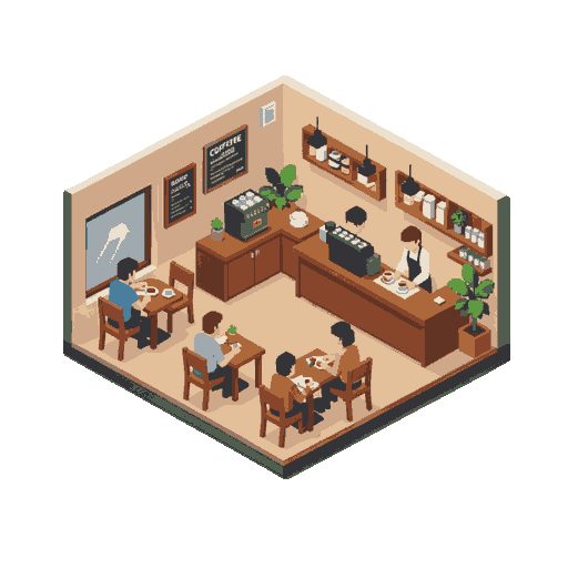 create a modern coffee shop with persons sitting at chairs and employees (isometric)