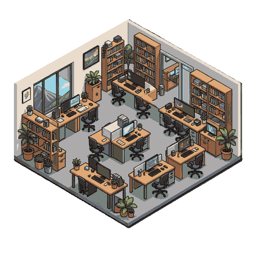 create an entire technnologie office with a lot of furniture, a great office. this office is one tchnologie sartup of silicon valley