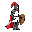 pixel art sprite of a medieval knight standing in full armor, side-scrolling style, dark grey metal helmet with a bright red feather plume on top, wearing white tabard over chainmail, vibrant red cape flowing down, holding a medieval sword with a silver h