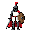 pixel art sprite of a medieval knight standing in full armor, side-scrolling style, dark grey metal helmet with a bright red feather plume on top, wearing white tabard over chainmail, vibrant red cape flowing down, holding a medieval sword with a silver h