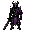 dark souls-inspired undead knight, broken black armor, torn purple cloth, glowing violet eyes, cracked horned helmet, rusted greatsword, skeletal details, dark magic aura, menacing ancient look, 32x32 pixel art, facing forward, idle.