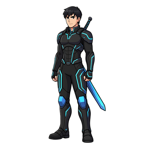 personagem masculino de rpg 2d, corpo inteiro, cabelo preto, roupa preta futurista com detalhes em azul brilhante, espada nas costas, pose neutra em pé, vista lateral, estilo de personagem para videogame, fundo transparente, personagem único, sem texto, s