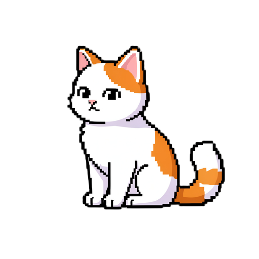 a cute pixel-art white cat with orange patches, sitting calmly on a clean white background. the cat gently turns its head left and right, occasionally blinking with a soft, adorable expression. its fluffy tail slowly swishes from side to side. keep the an