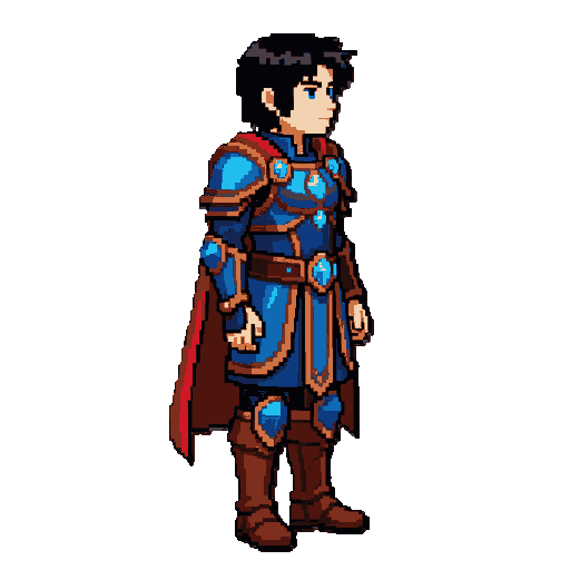 personagem 2d em pixel art, jovem guerreiro de cabelos negros e olhos azuis, manto azul e vermelho, armadura detalhada, cristais azuis brilhantes no peito, cintura e acessórios, botas marrons.