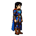 personagem 2d em pixel art, jovem guerreiro de cabelos negros e olhos azuis, manto azul e vermelho, armadura detalhada, cristais azuis brilhantes no peito, cintura e acessórios, botas marrons.
